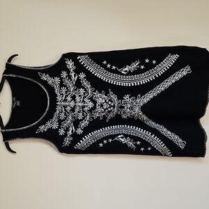 Chelsea & Theodore LG Black Sleeveless Dress Cover Up Floral Embroidery Boho